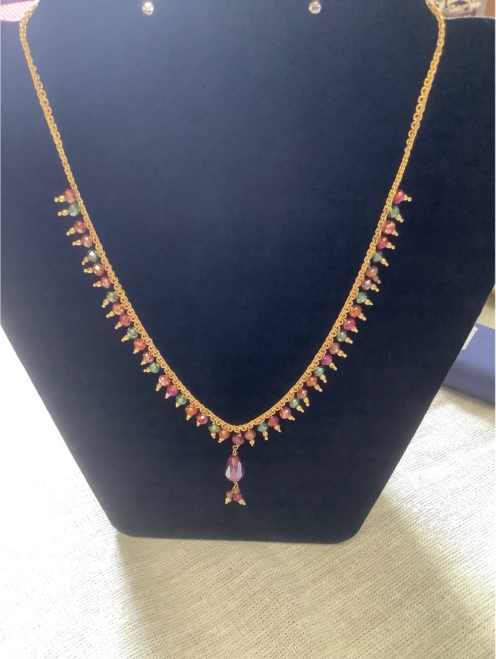 Gold Tone Multicolor Faceted Beaded Fringe Necklace Red Green Boho Statement